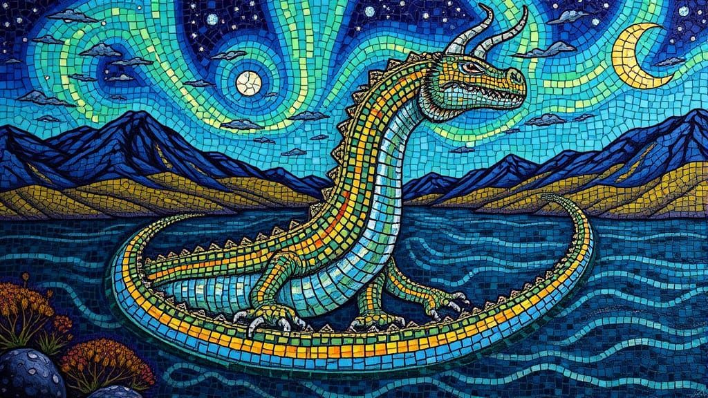 Whimsical Loch Ness Monster Mosaic in Dreamlike Scottish Hig...