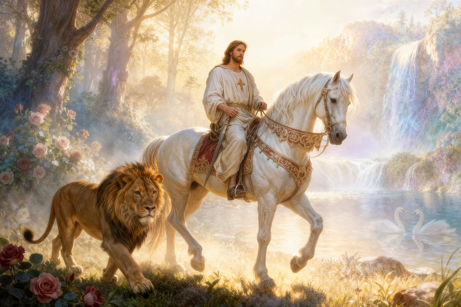 Jesus on a White Horse in Ethereal Fantasy Style
