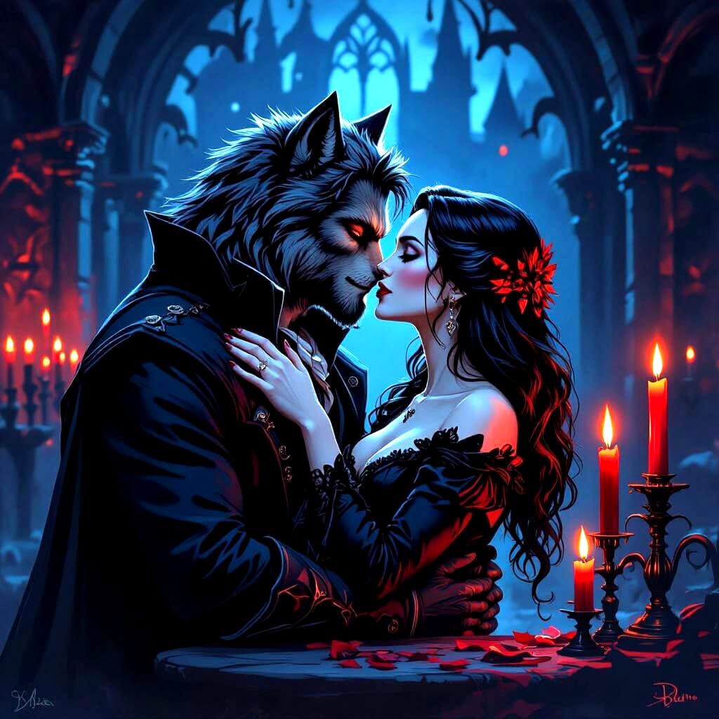 Werewolf and Vampire Kiss in Gothic Castle