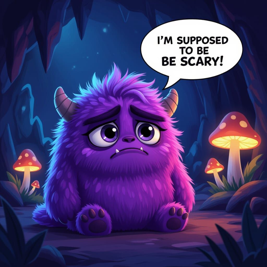 Cute Fluffy Monster Frowns in Spooky Cave