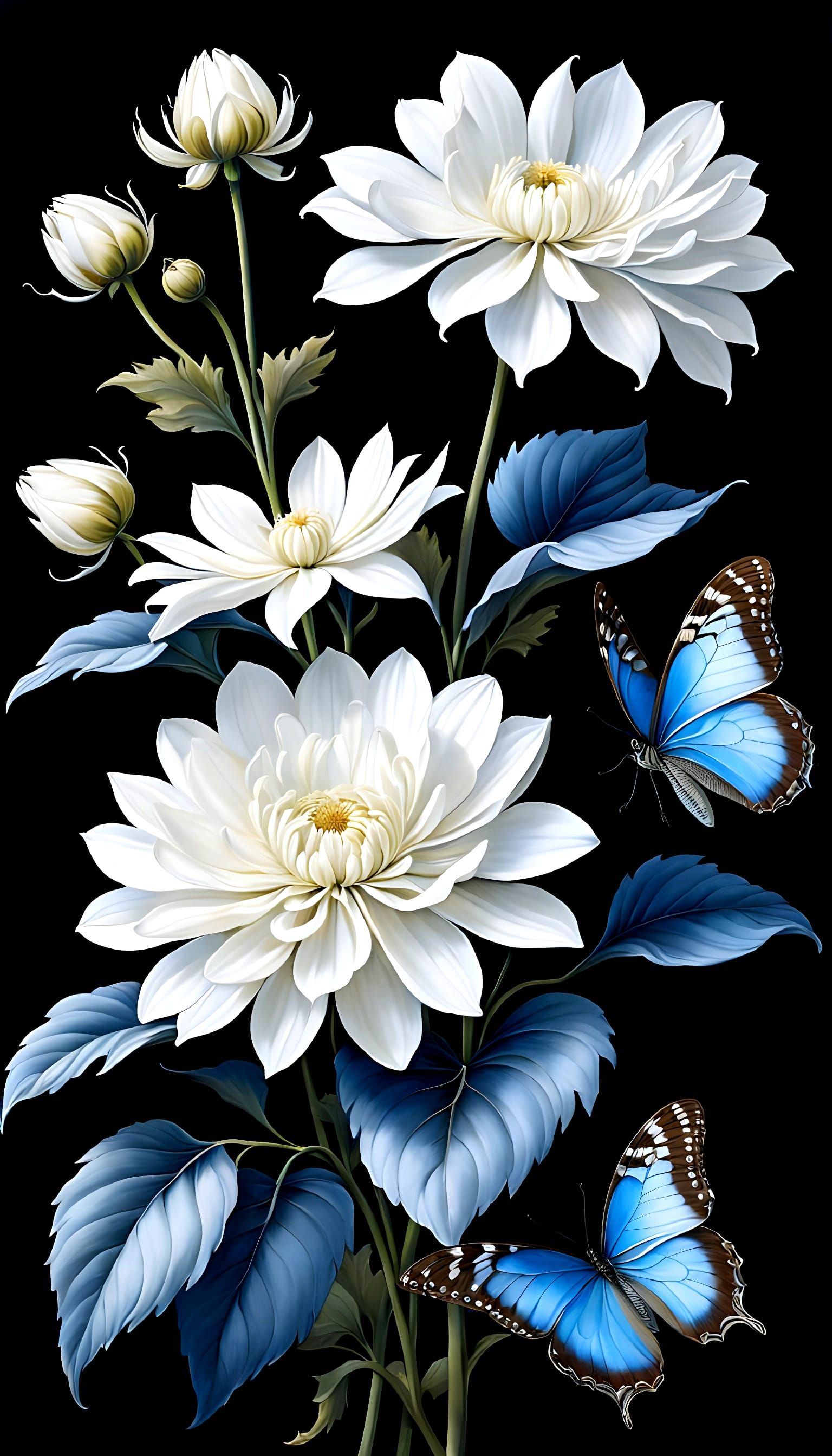 Serene White Chrysanthemums with Majestic Blue Morpho Butter...