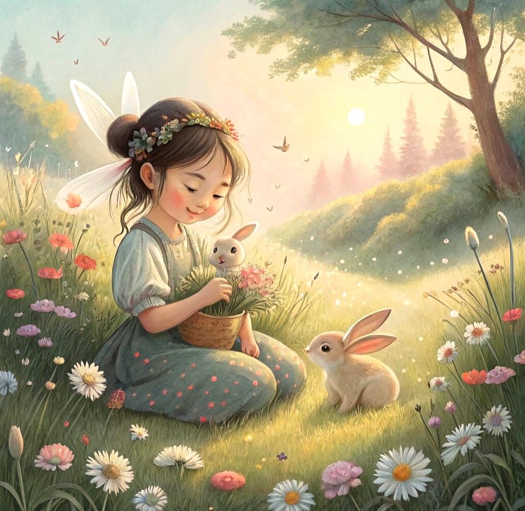 Whimsical English Watercolour of a Happy Chinese Girl with B...