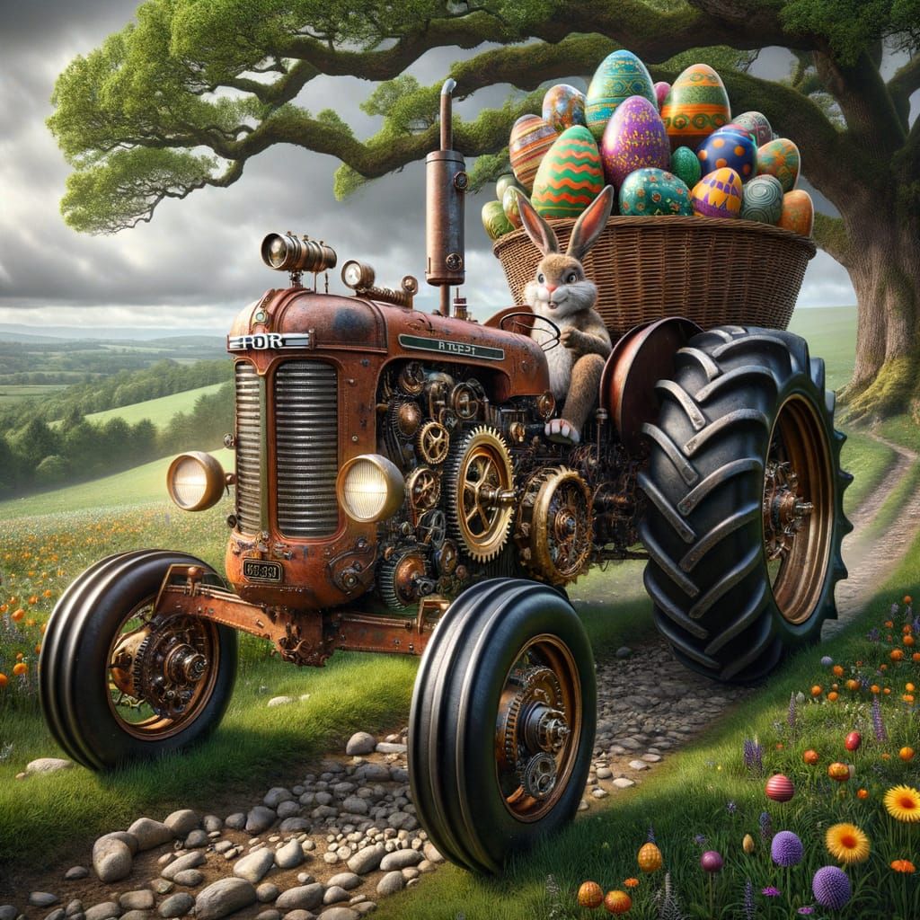 Steampunk Easter Bunny's Vintage Ford Tractor Delight
