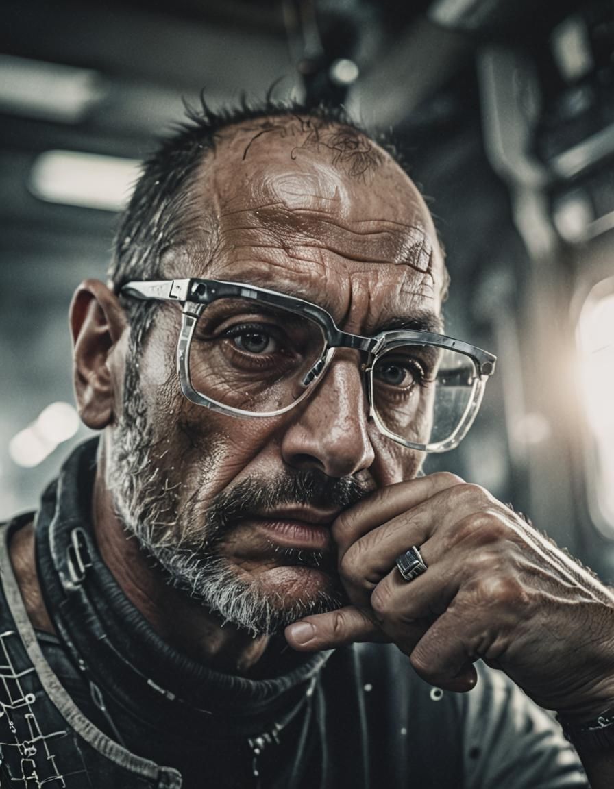 Futuristic Man in Deep Thought: Hyperrealistic Portrait