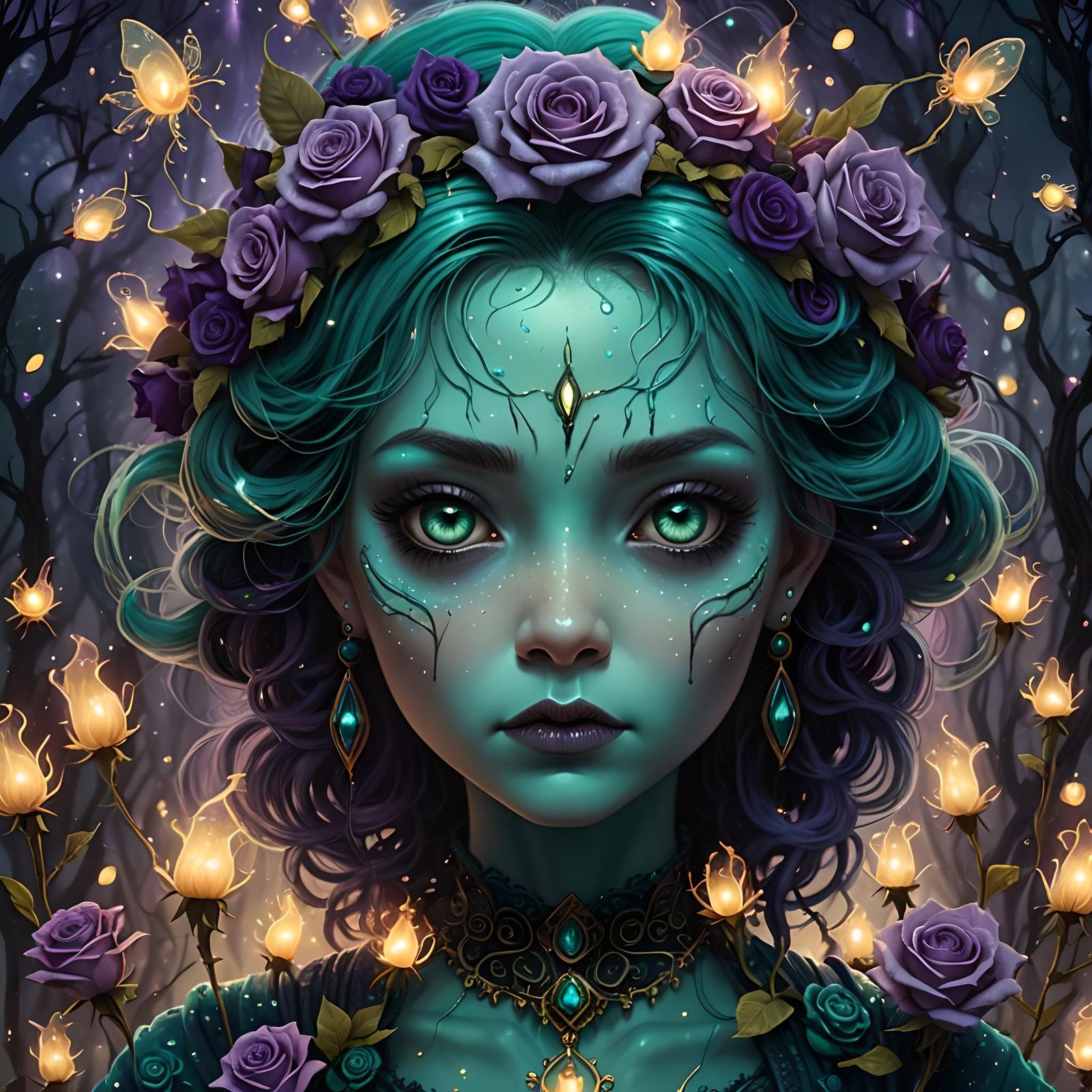 Detailed Teal Witch Creature in Steampunk Fantasy