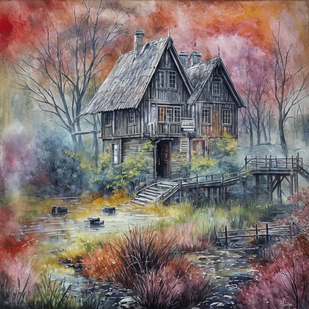 Enchanting Cottage in Meadow: Indian Ink Painting