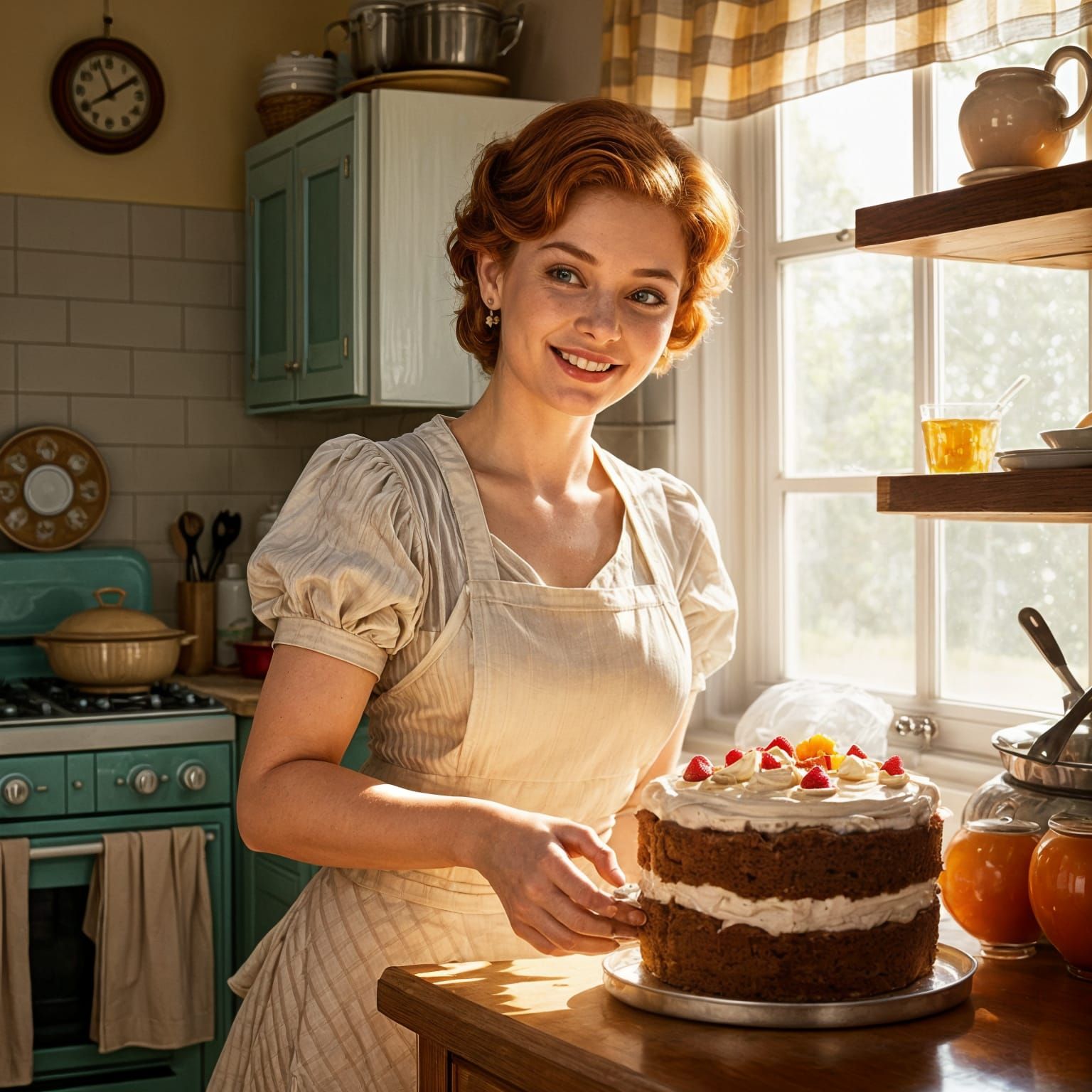 Happy Homemaker in a 1950s Kitchen Scene, in Hyperrealistic ...