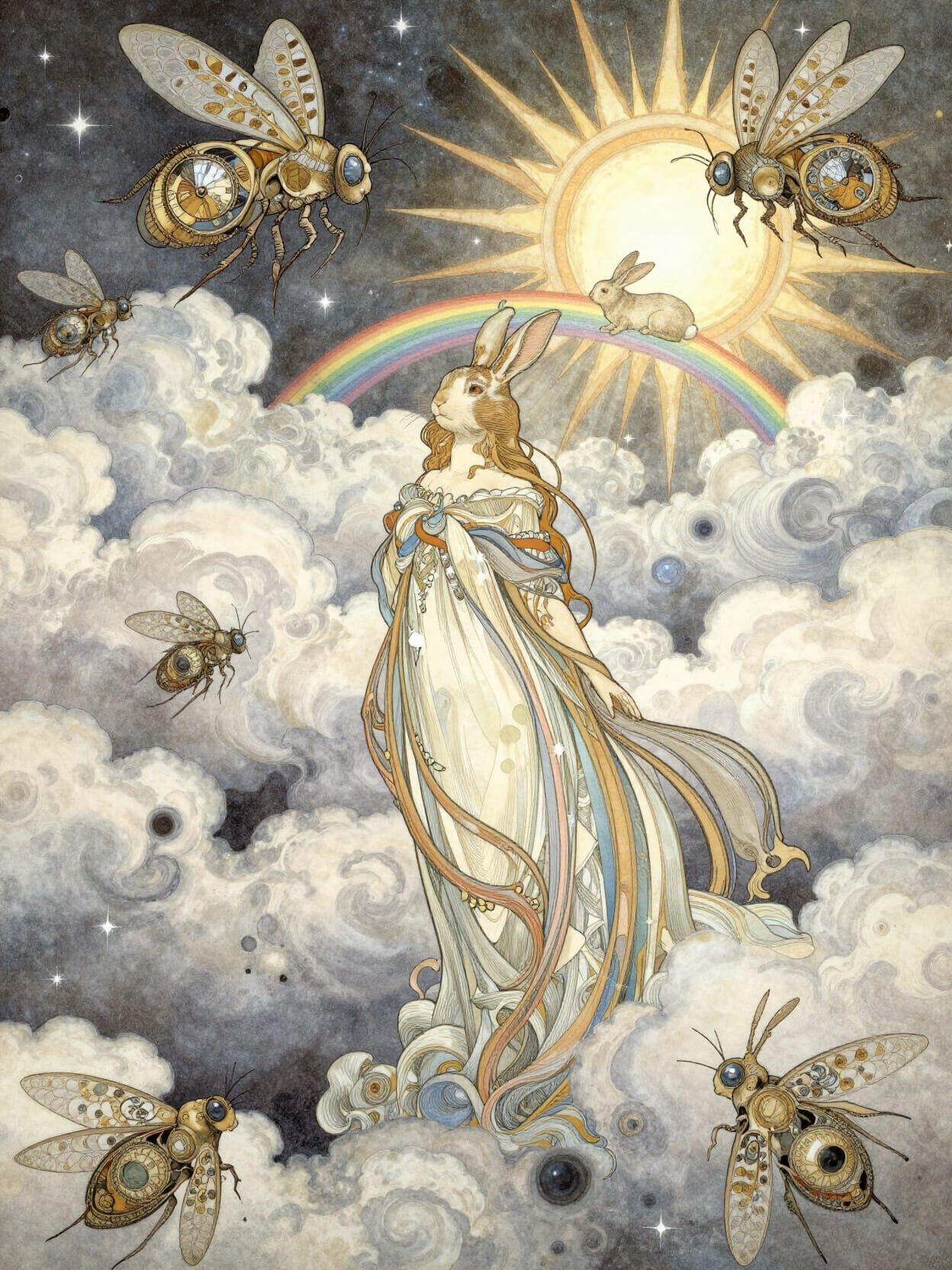 Cosmic Art Nouveau Landscape with Rainbow Rabbit Sun