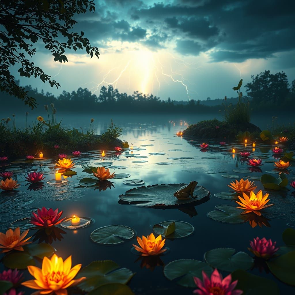 Ethereal Pond Scene Under Stormy Skies