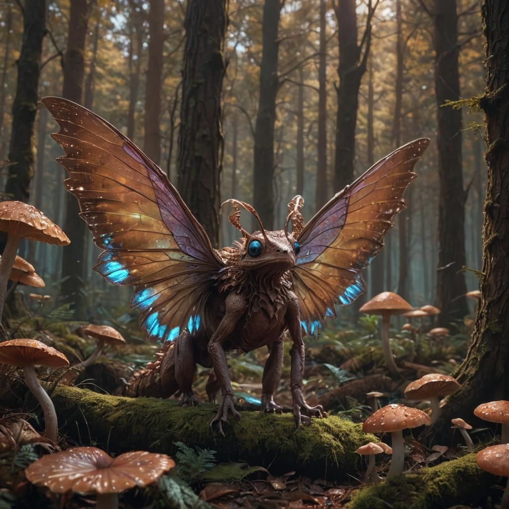 Brown Winged Creature in Bioluminescent Forest