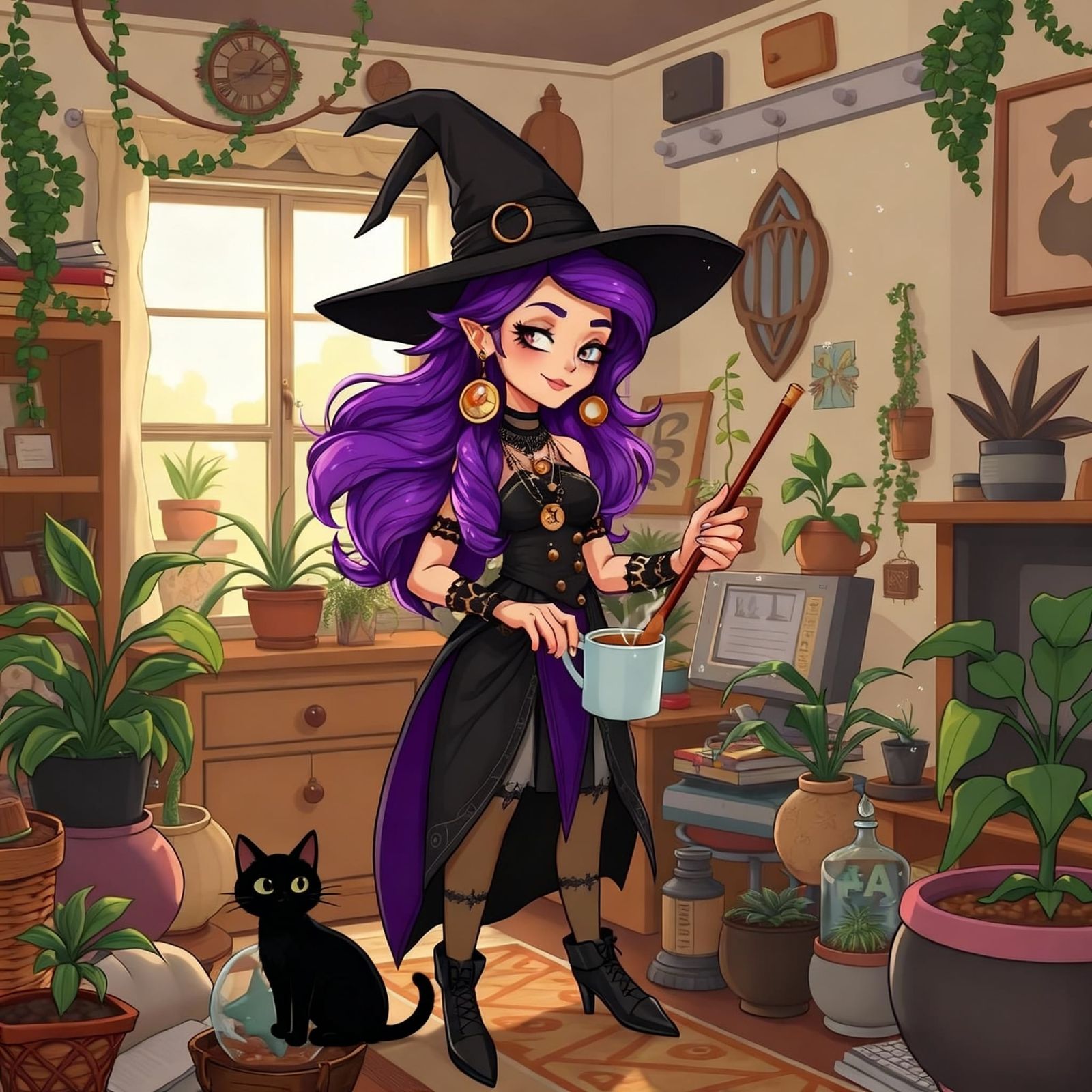 Modern Witch with Purple Hair and Coffee Mug
