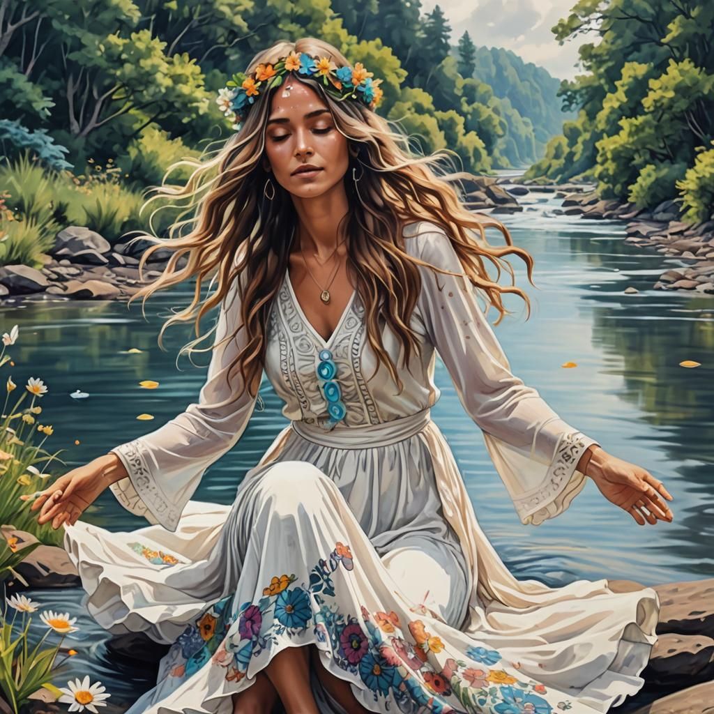 Beautiful Hippie Woman in Trippy Sketch Style