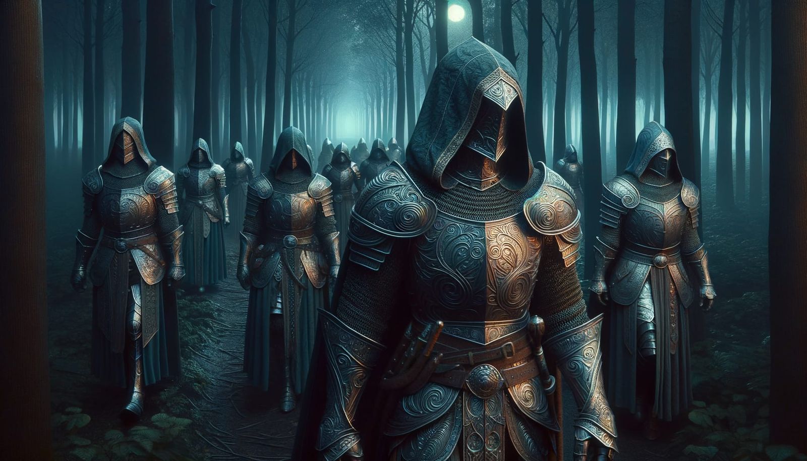 Armored Figures in Forest at Night