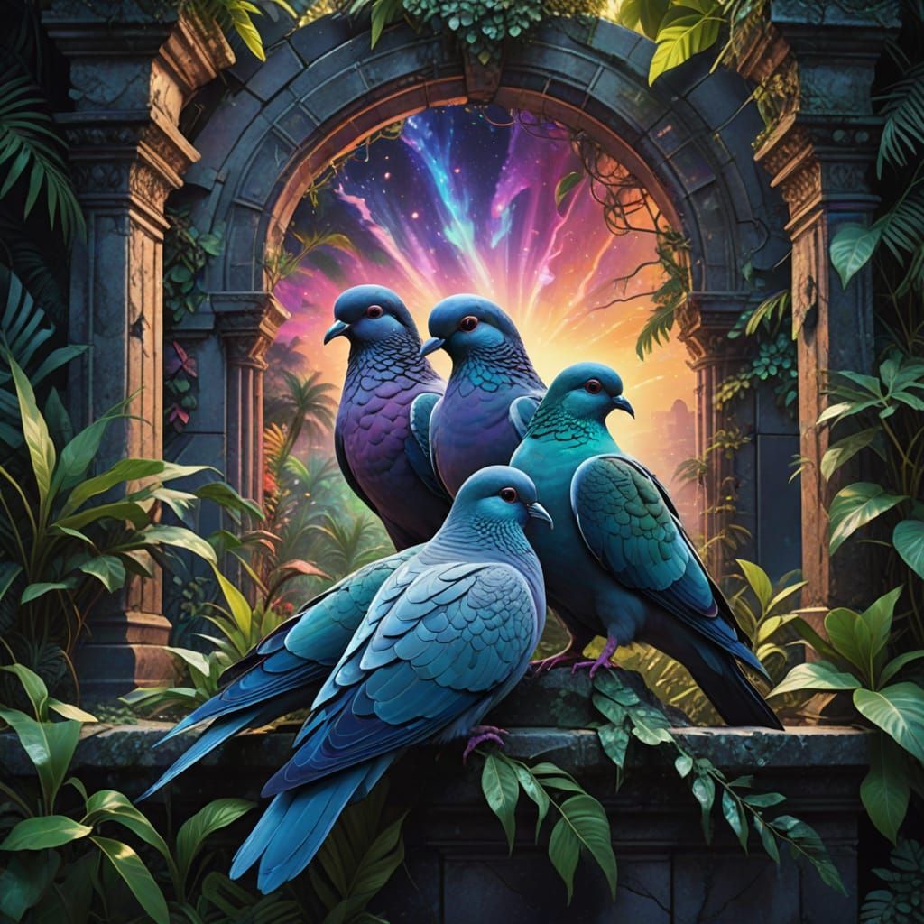 Rock Doves Amidst Cosmic Vortex on Urban Ledge