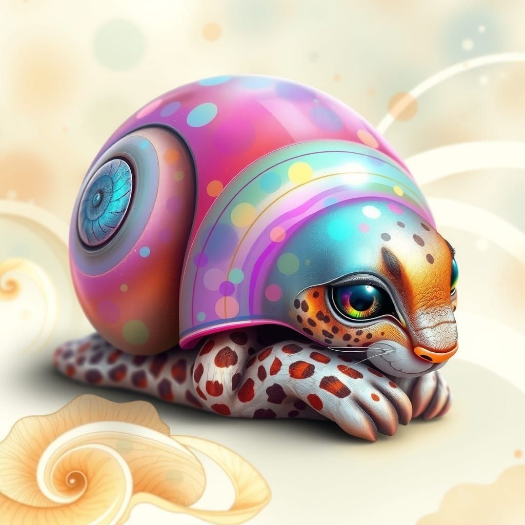 Whimsical Snail-Cheetah in Iridescent Shell, Fairy Tale Art