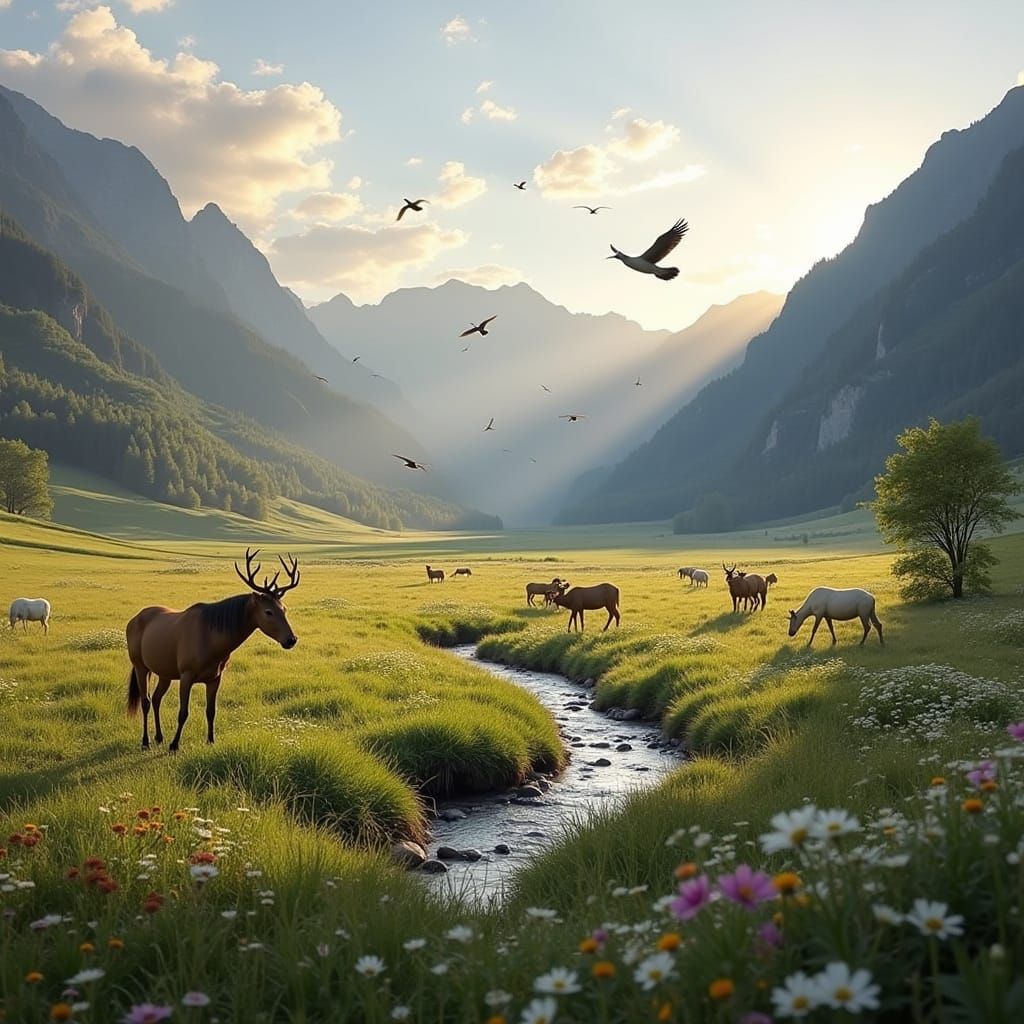 Serene Mountain Valley at Sunrise with Wildlife