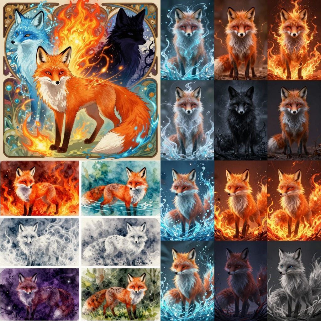 Elemental Foxes: Water, Fire, Air, Shadow, Earth Spirit