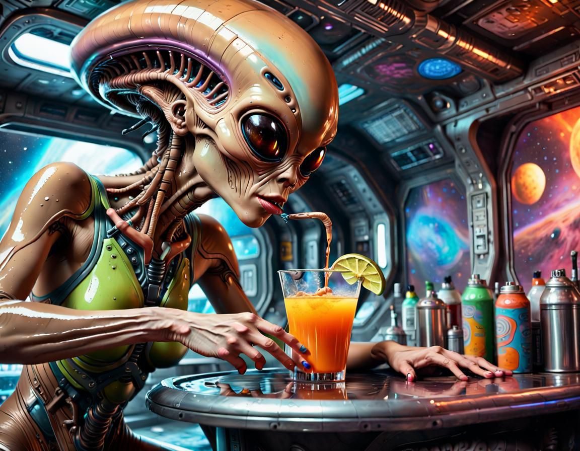 Alien Bartender in Spaceship Bar: Graffiti Art