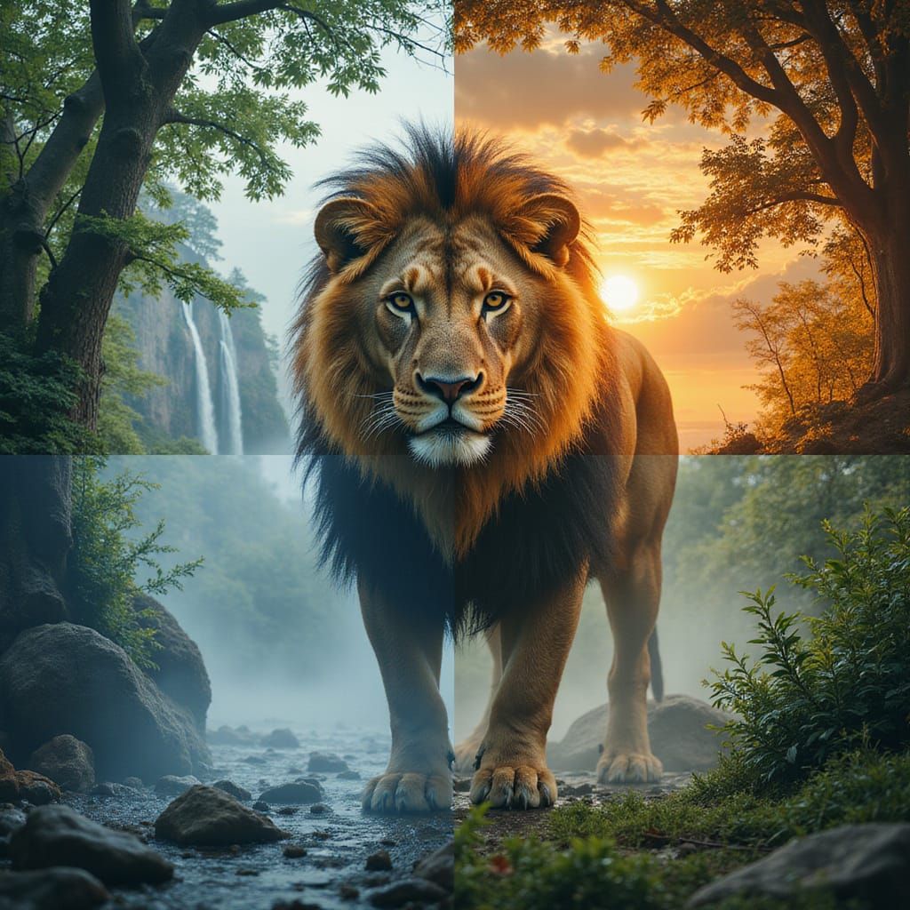 Lion in Double Exposure Photography with Earth Elements