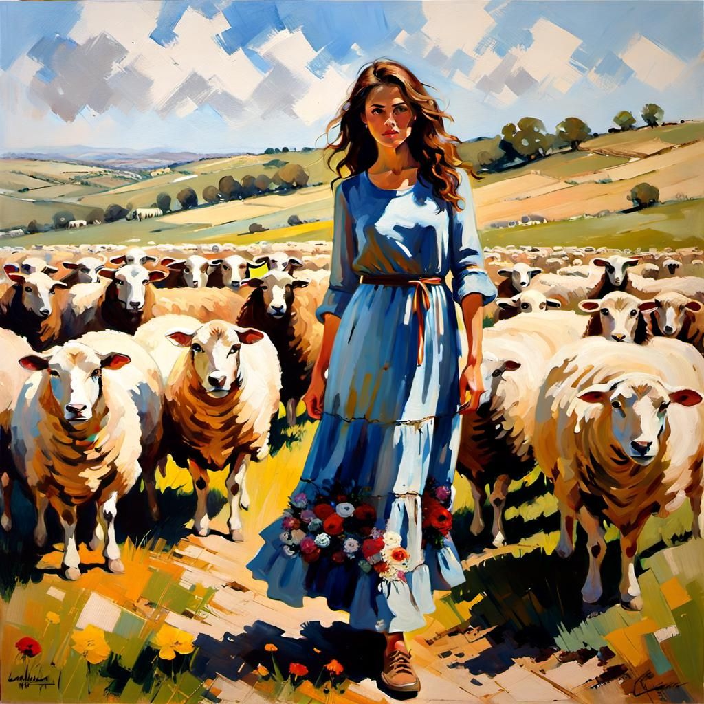 Impressionist Shepherdess in Sunny Farmland