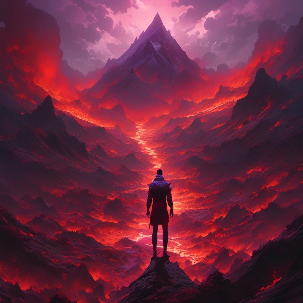 Bloody Figure in Volcano: Dark Fantasy Concept Art