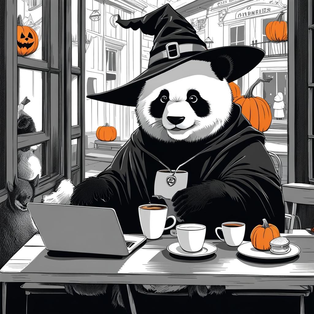 Panda in Witch Hat at Cafe in Black and White