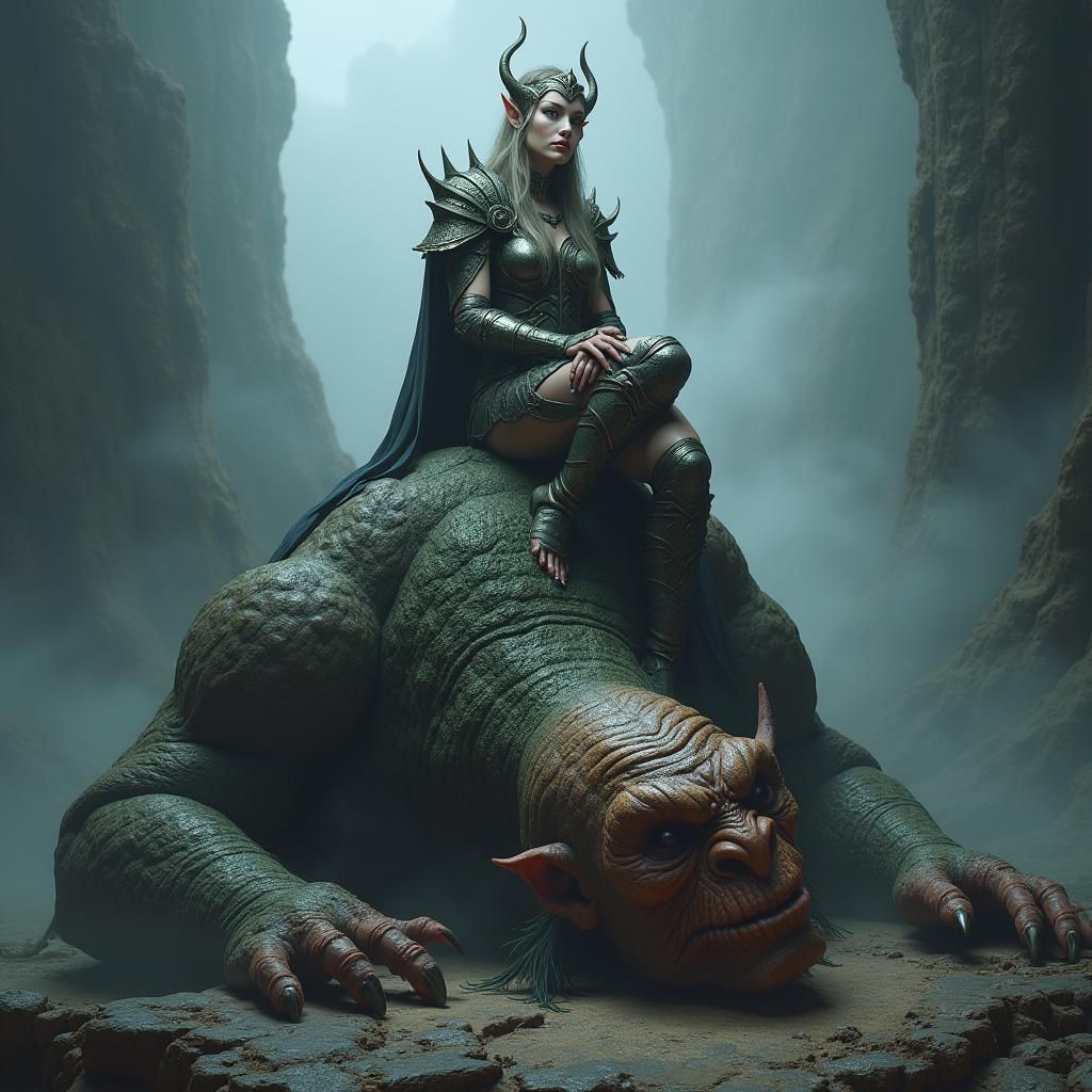 Elf Queen's Triumph Over Troll: Hyperrealistic Fantasy Art