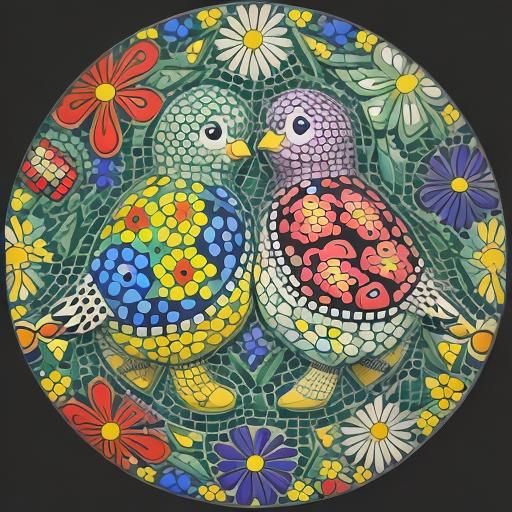 Turtledoves Cuddling Under Flowers in Mosaic Style