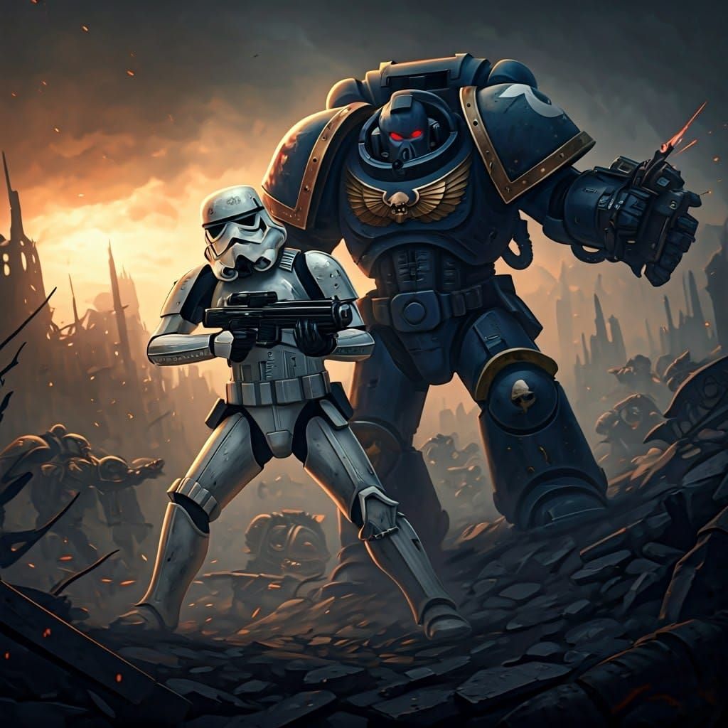 Stormtrooper vs Space Marine in Warhammer Cityscape
