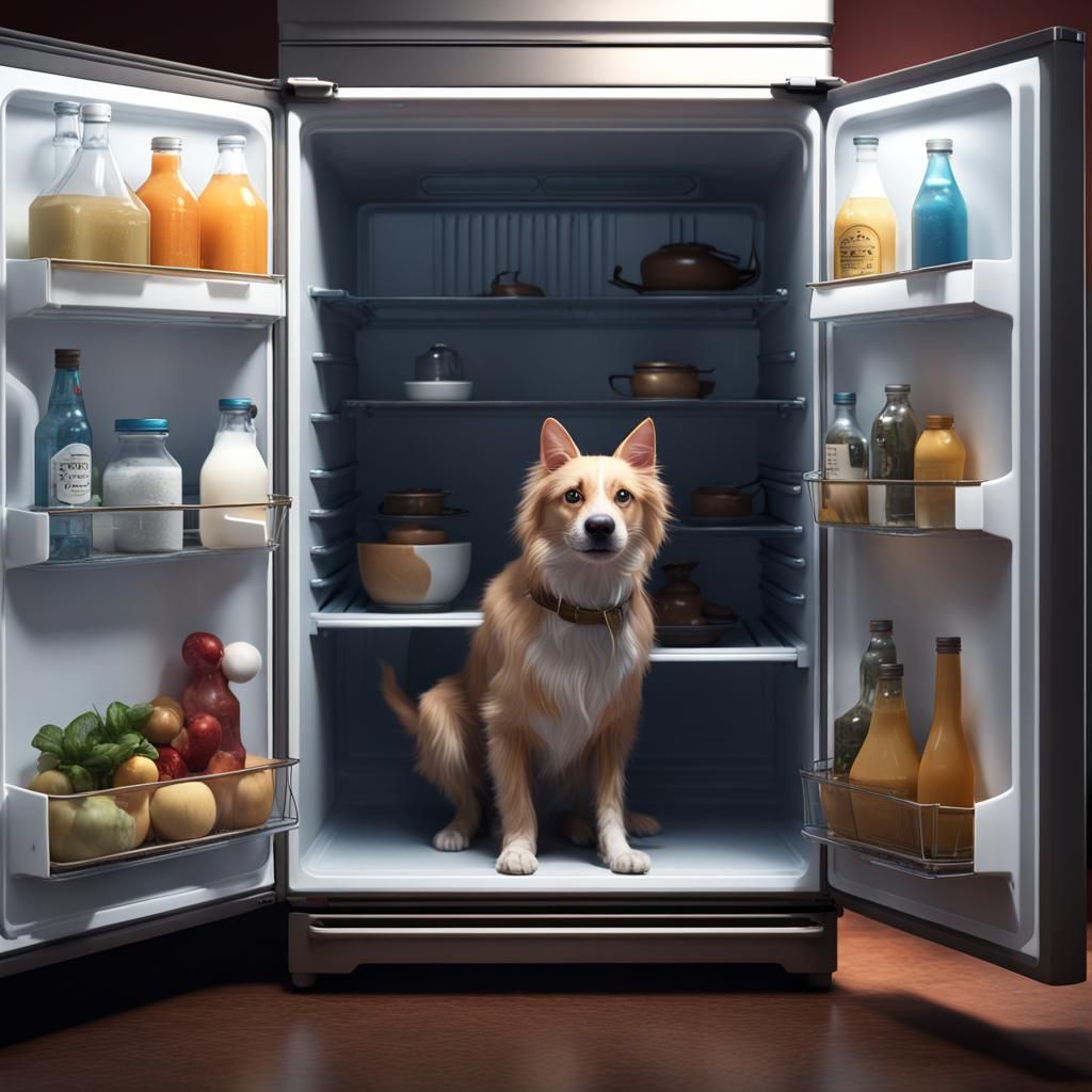 Dog in Fridge as Cat: Fantasy Concept Art