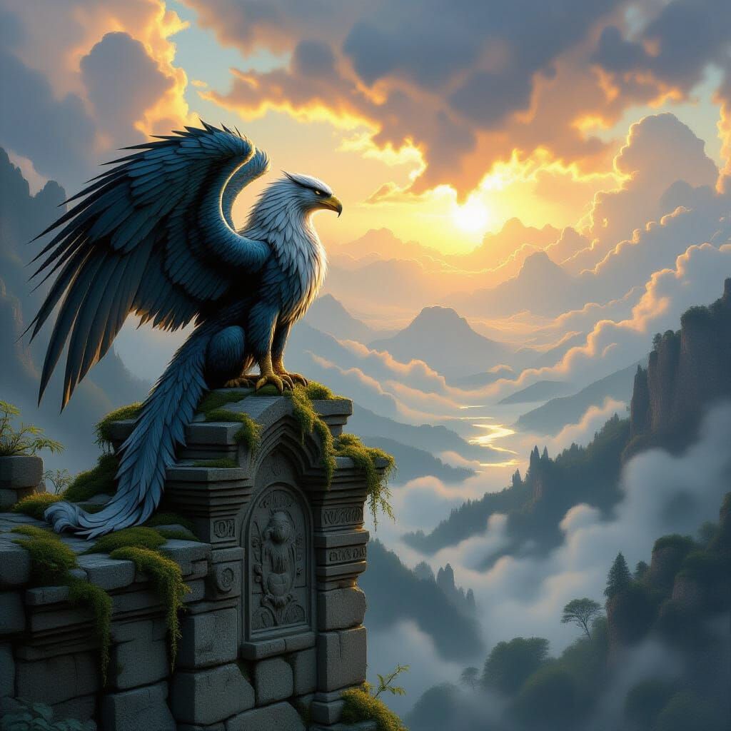 Majestic Griffin Overlooking Misty Valley at Dawn