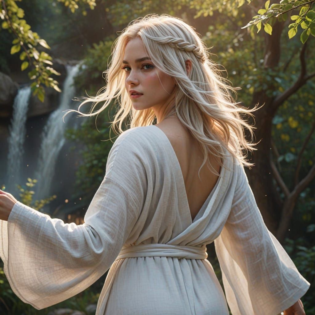 Goddess Maiden in Elegant White Robe, Softly Lit by Golden S...