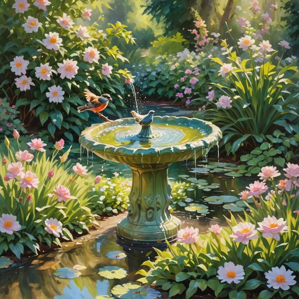 Bird Bath in Impressionistic Pastel Garden
