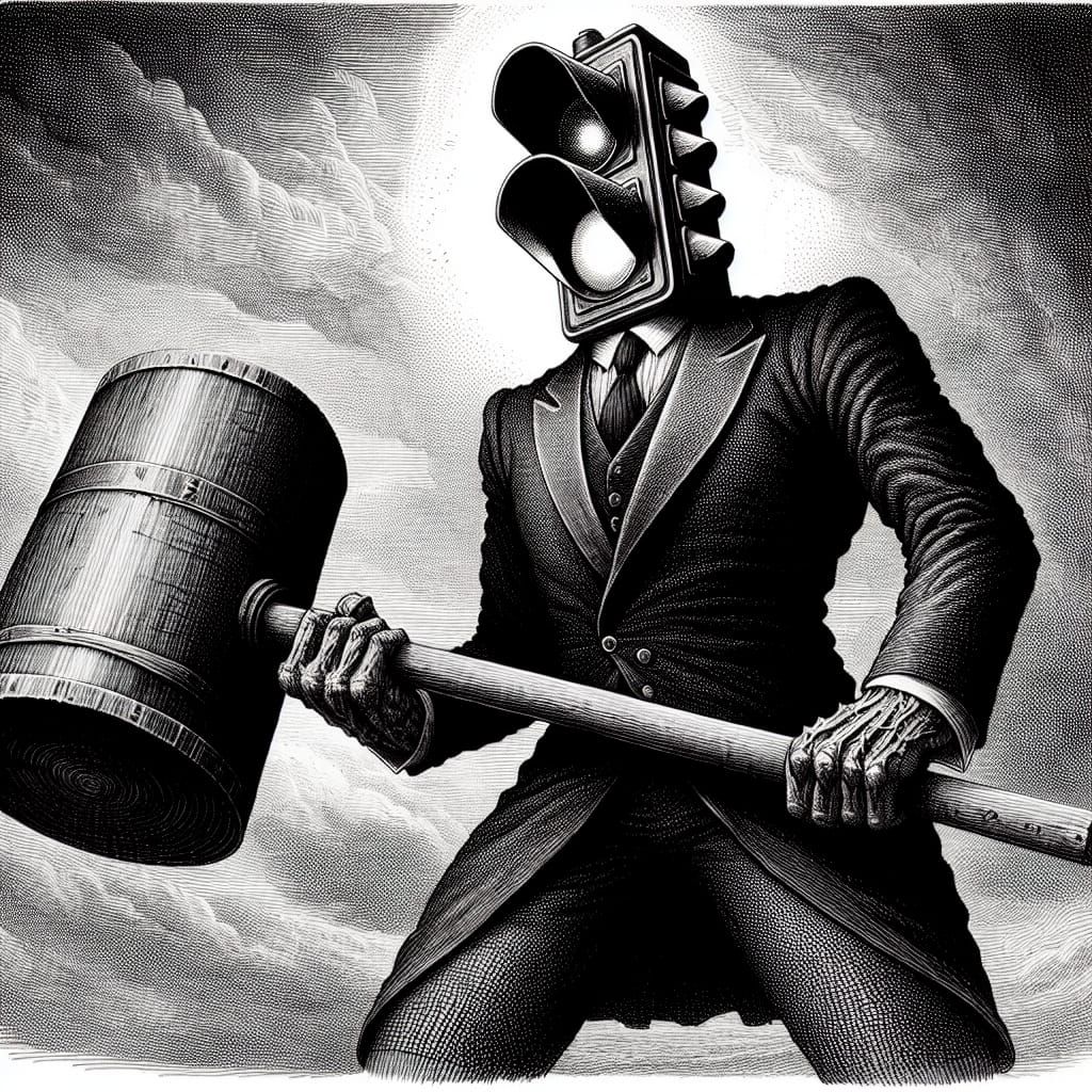 Colossal Traffic Light Figure in Doré Etching Style