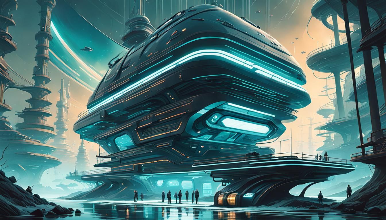 Aquatic Docking Bay Station in Surreal Sci-Fi Style
