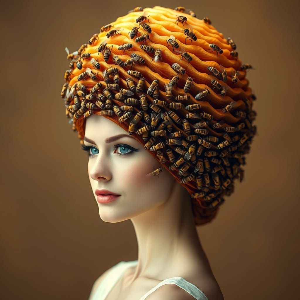 Surreal Beehive Hairstyle with Live Bees and Honeycomb