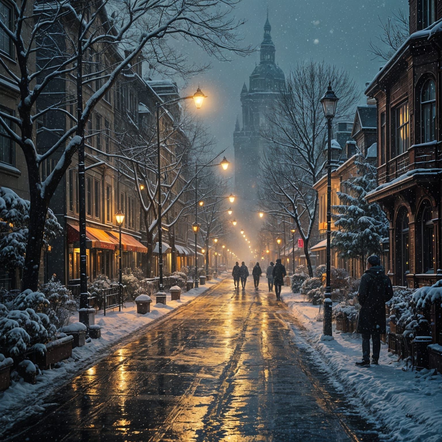 Streetlights in Gentle Snowfall, Dreamlike Atmosphere
