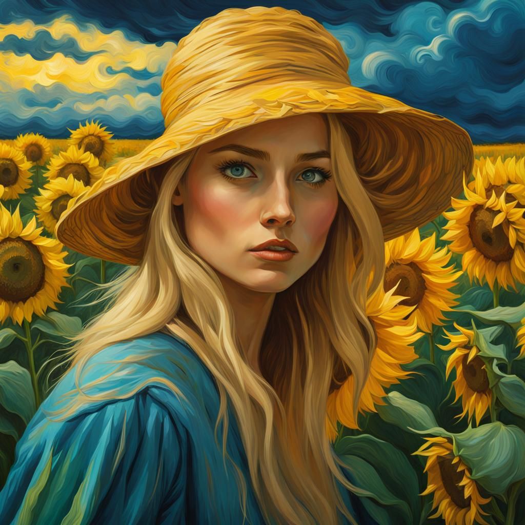 Ukrainian Woman in Sunflower Field: Van Gogh Style