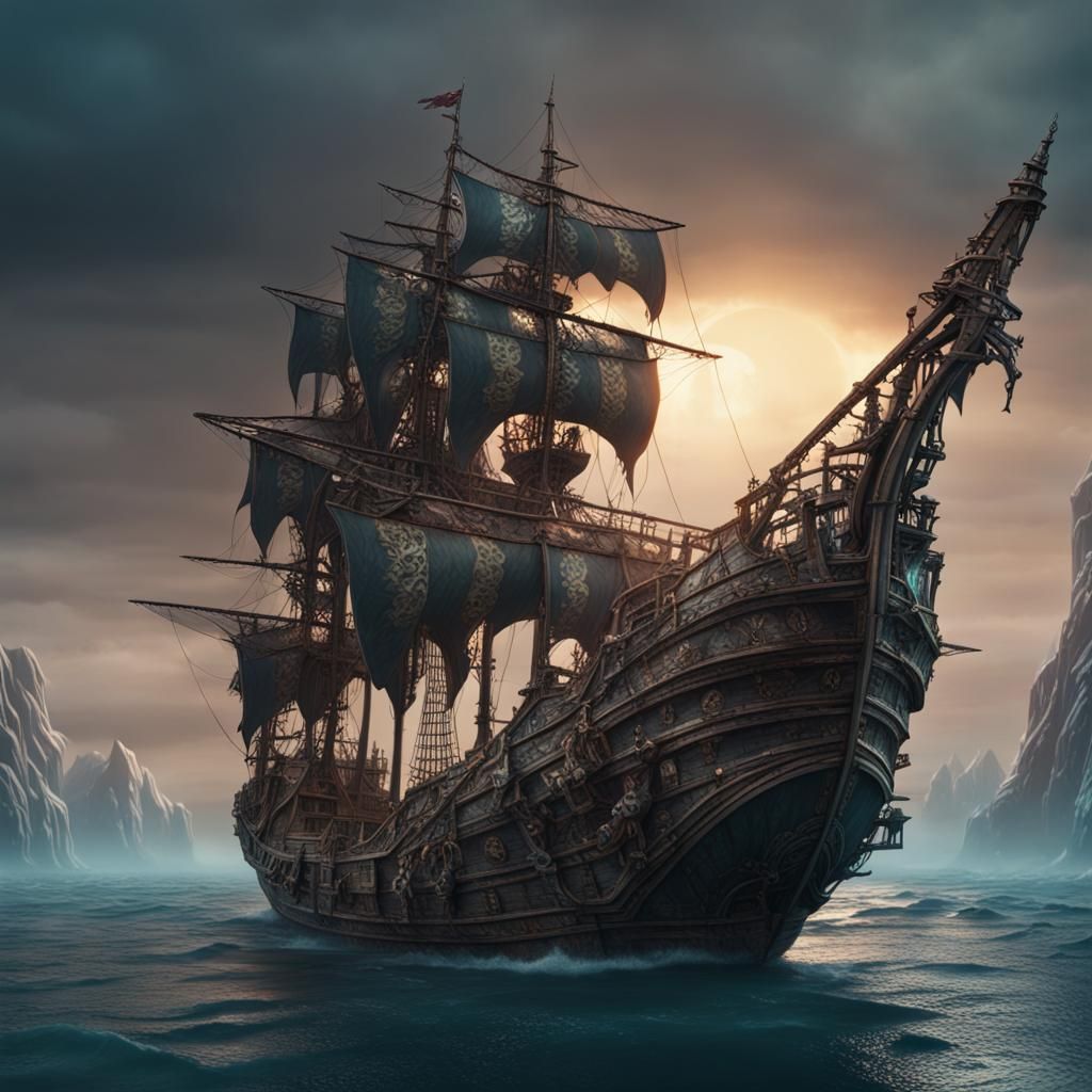 Skeleton Ship Sailing: Detailed Fantasy Art