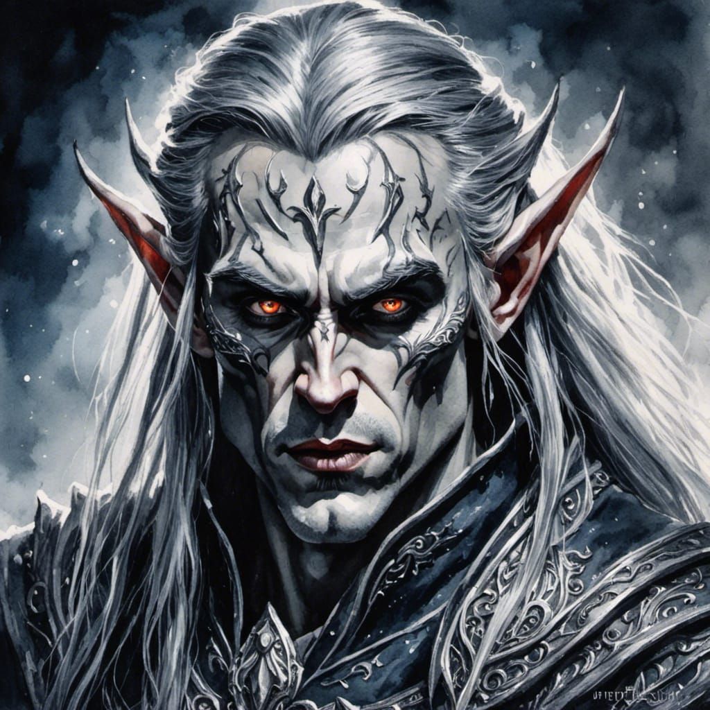 Pale Elf with Fangs in Moonlight, Watercolor Portrait