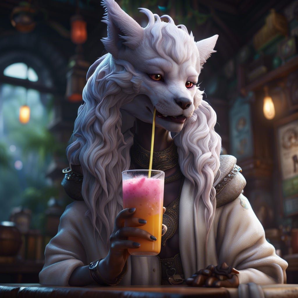 Sergal Girl Drinking Bubble Tea in Detailed Matte Painting