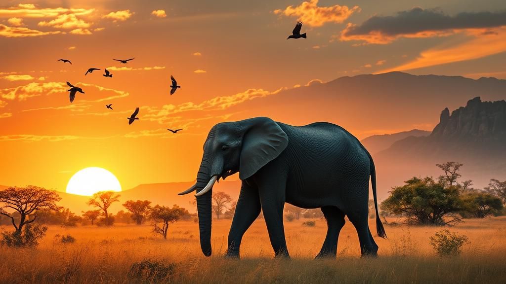 Elephant in Savannah Sunset: Impressionist Oil Painting