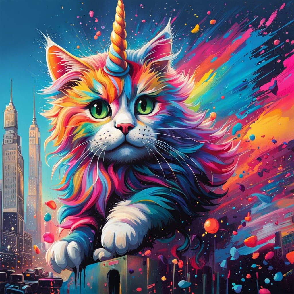 Polychromatic Cat Riding a Unicorn in Graffiti Style