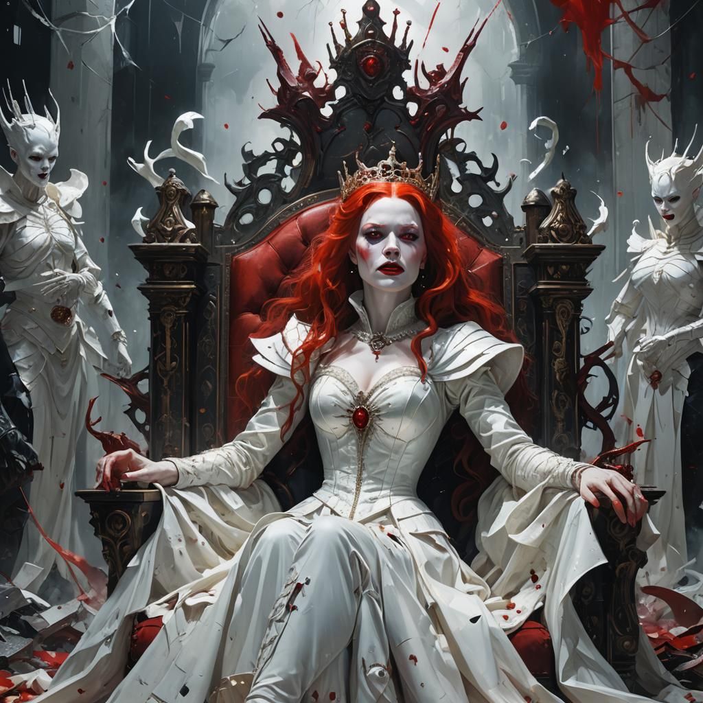 Evil Queen on Throne in Surreal Horror Style