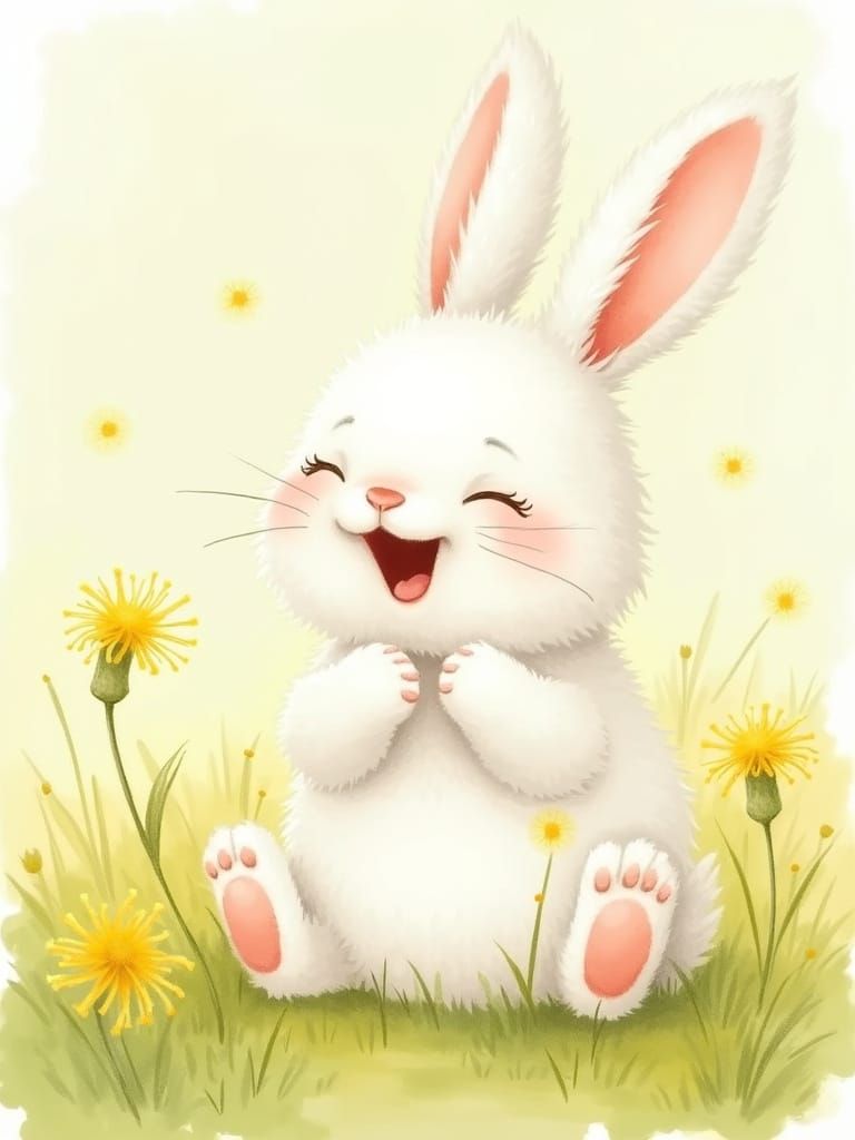 Laughing Bunny in Dandelion Meadow: Watercolor Illustration