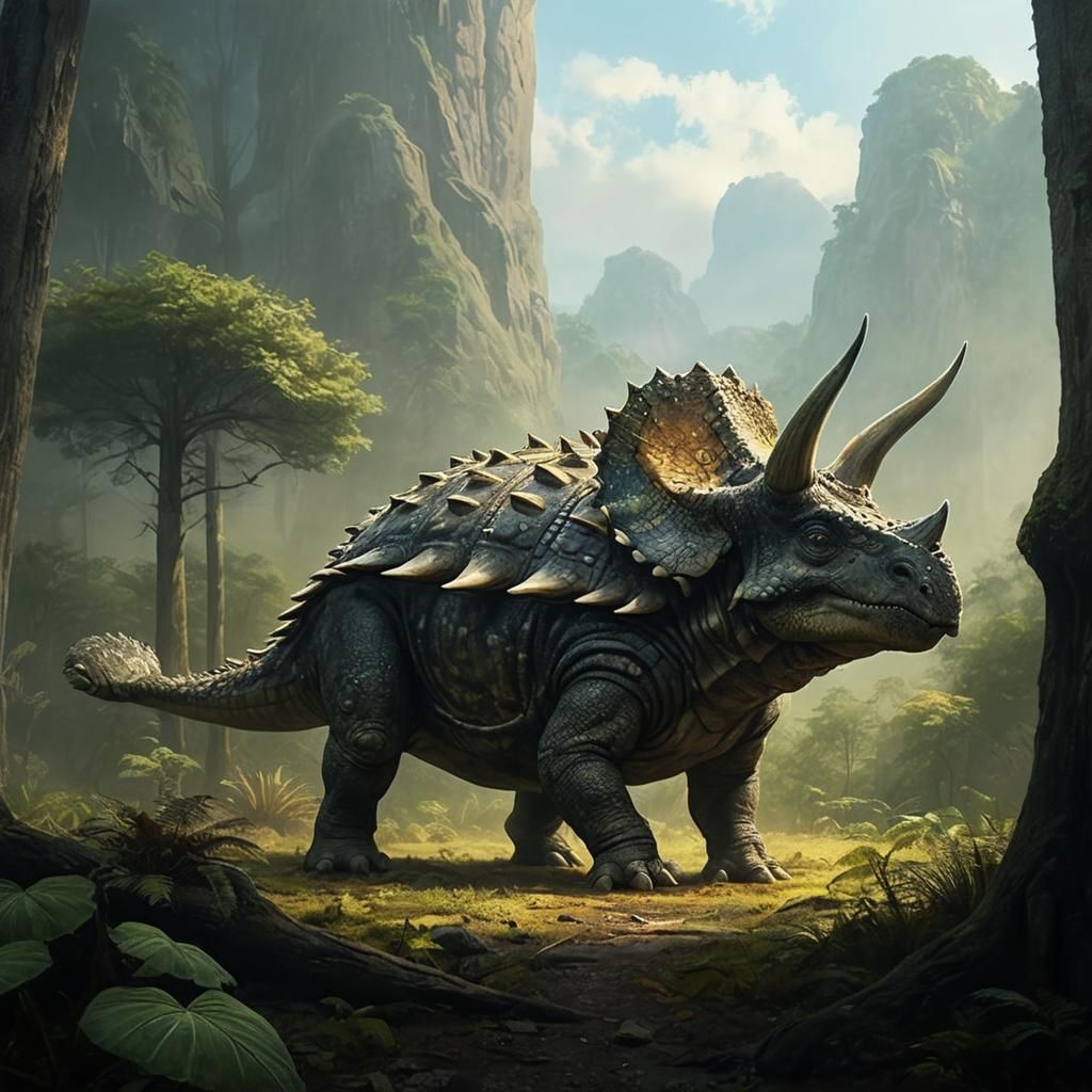 Ankylosaurus Triceratops Hybrids in Ancient Forest