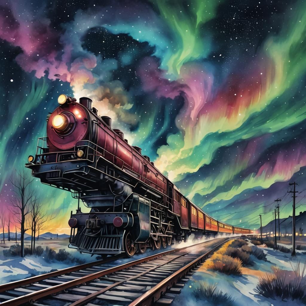 Cosmic Steam Train Through Starry Aurora Sky