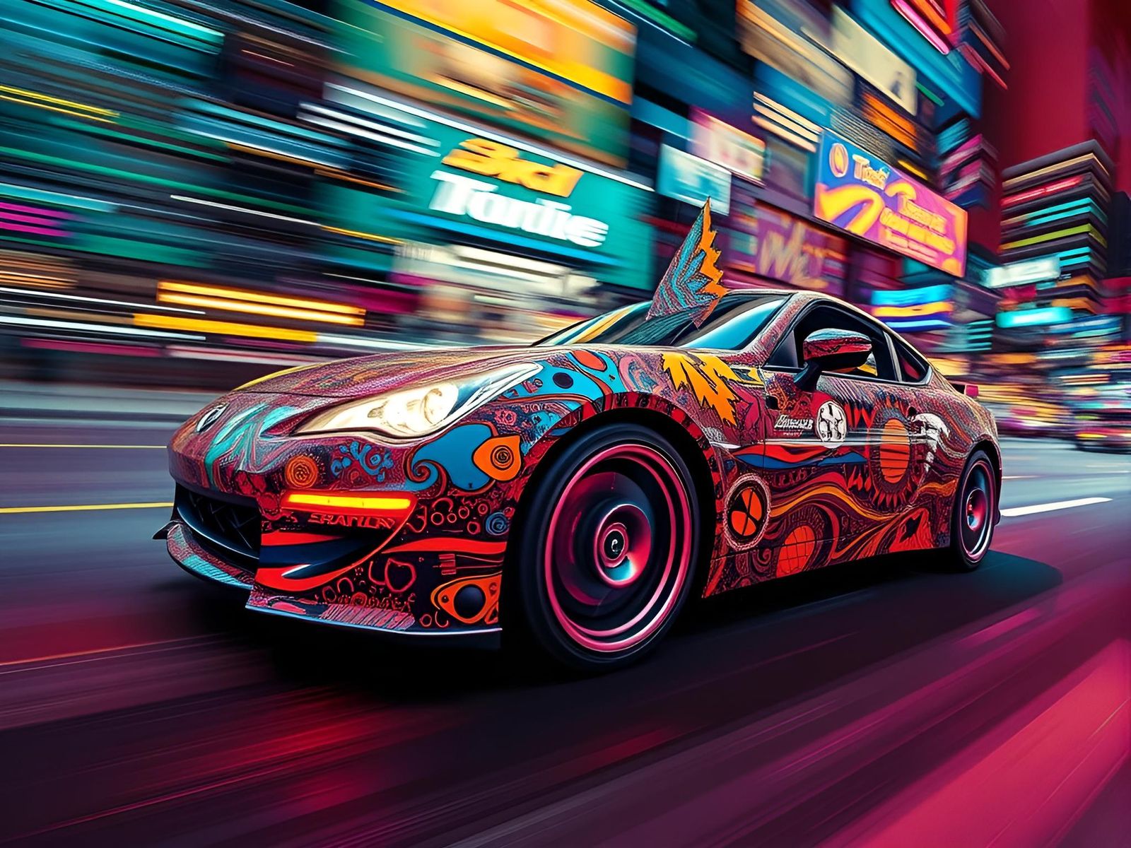 Abstract Car Speeds Through Fractal Collage