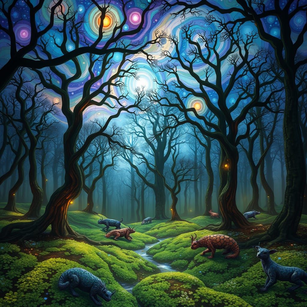 Stained Glass Forest with Nebulae Sky, Dreamlike Bio-Art