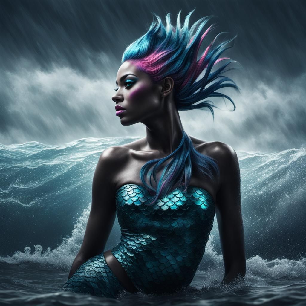Hyperrealistic Mermaid with Blue Hair and Fin